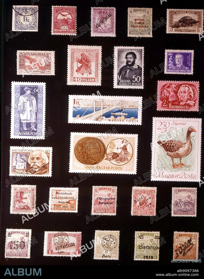 EUROPE - HUNGARY: (left to right) 1. 1 krajczar, newspaper stamp, 1868, 2. 50 filler, 1900, 3. 50 filler, 1918, 4. 6 filler, 1919, 5. 5 korona, 1920, 6. 100 korona, 1924, 7. 40 filler, 1920, 8. 50 filler, 1944, 9. 16 filler, 1930, 10. 60 filler, 1963, 11. 1 forint, 1964, 12. 2 filler, 1948, 13. 80 filler, 19653, 14. 1.50 forint, 1965, 15. 2.50 forint, 1968, 16. Szeged, 40 filler, 1919, 17. Sopron, 30 filler, 1956, 18. French occupation, 10 filler, 1919, 19. Banat Bacska, 10 filler, 1919, 20. Debrecen, 15 filler, 1919, 21. Temesvar, 150 on 3 filler, 1919, 22. Transylvania, 1 leu surcharged on 1 korona, 1919, 23. Transylvania, 6 bani, 1919, 24. Baranya, 45 filler surcharged on 5 filler, 1919, 25. Temesvar, 30 filler on 2 filler, 1919.
