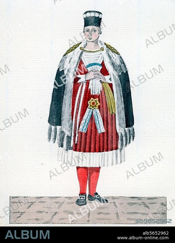 Volkskunde:. Trachten / Friesland. Brauttracht auf der Insel Föhr. Farbige Aquatinta, um 1820.