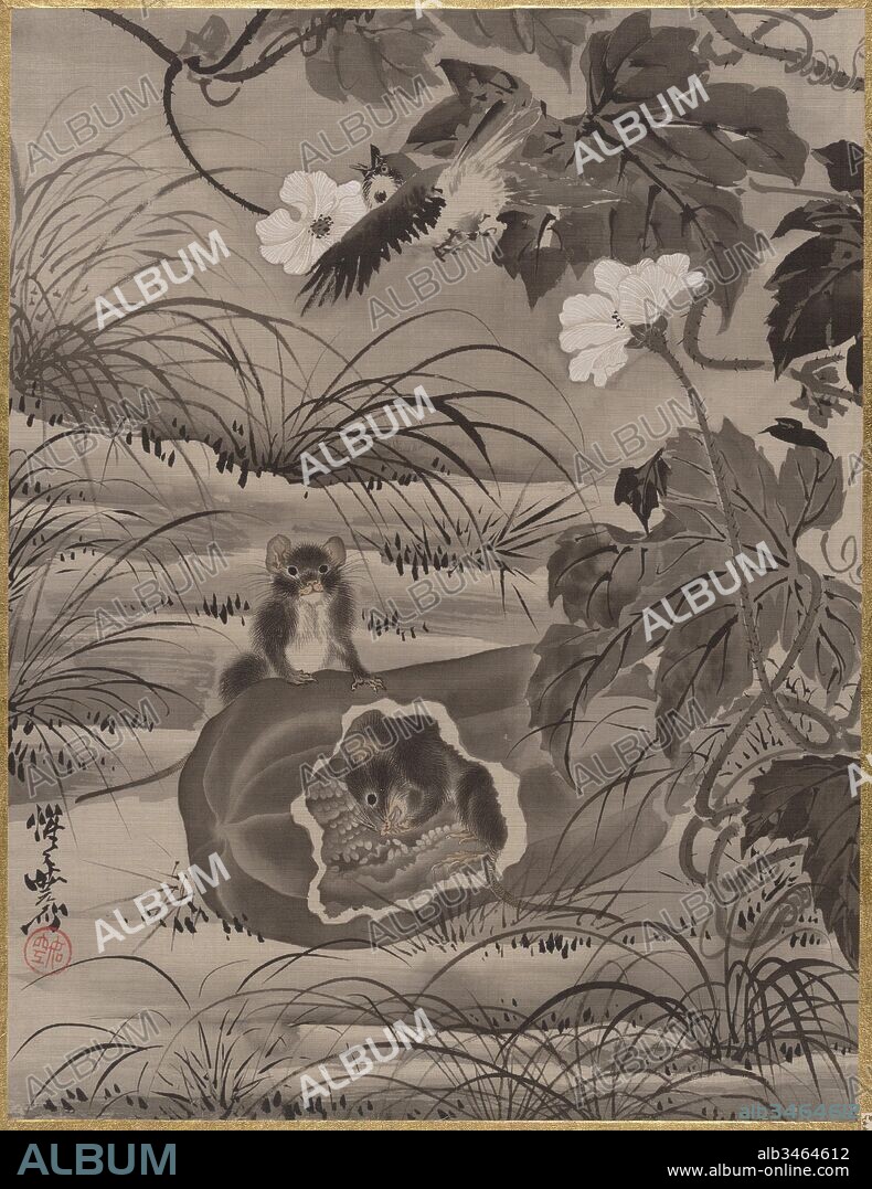 Mice in a Melon, ????, Meiji period (1868–1912), ca. 1887, Japan, Album leaf; ink and color on silk, 14 1/4 x 10 7/8 in. (36.2 x 27.6 cm), Paintings, Kawanabe Kyosai (Japanese, 1831–1889.