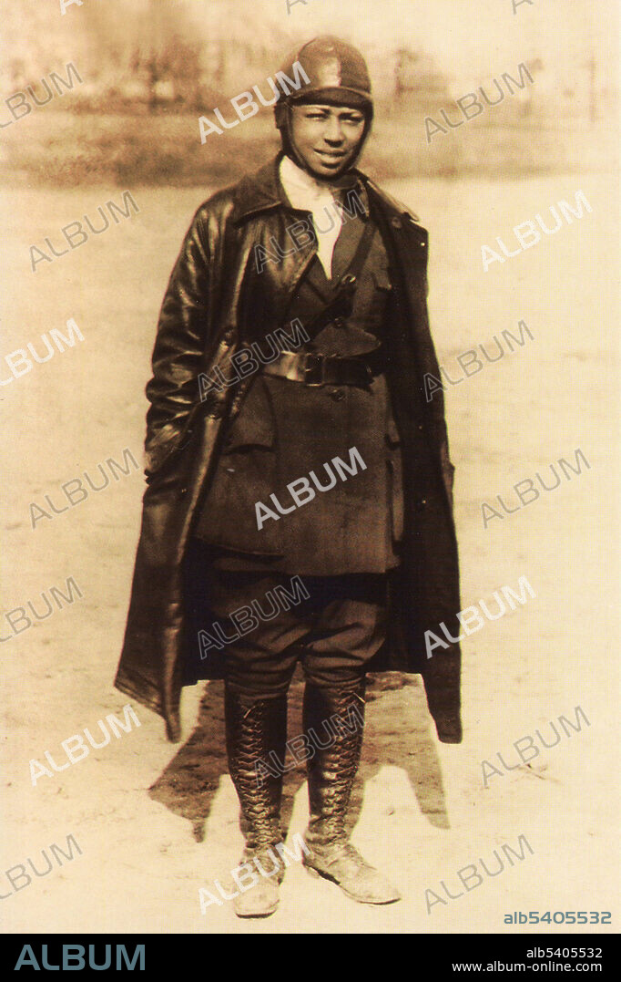 Bessie Coleman (1892 - 1926) was an African-American civil aviator. She could not gain admission to American flight schools because she was black and a woman. She learned French, traveled to Paris, and in 1921, became the first woman of African-American descent to earn an international aviation license. She became a barnstorming stunt flyer and was known as Queen Bess.  No photographer credited, undated.
