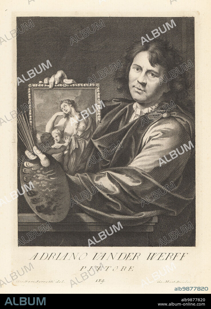Adriaen van der Werff, Dutch painter of portraits and erotic, devotional and mythological scenes, 1659-1722. With palette and paintbrushes, holding a portrait of his bare-breasted wife Margaretha van Rees and their daughter Maria, dated 1697. Adriano Vander Werff, Pittore. Copperplate engraving by Georg Martin Preissler after Giovanni Domenico Ferretti after a self portrait by the artist from Francesco Moucke's Museo Florentino (Museum Florentinum), Serie di Ritratti de Pittori (Series of Portraits of Painters) stamperia Mouckiana, Florence, 1752-62.