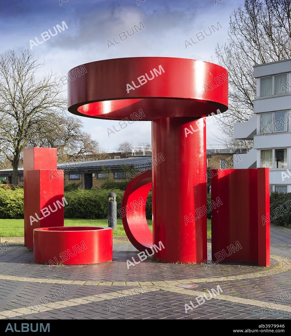 Sculpture outside the Rootes Building, University of Warwick, Coventry, Warwickshire, 2015. 'Series of Shapes in Red', by Bernard Schottlander, 1968.