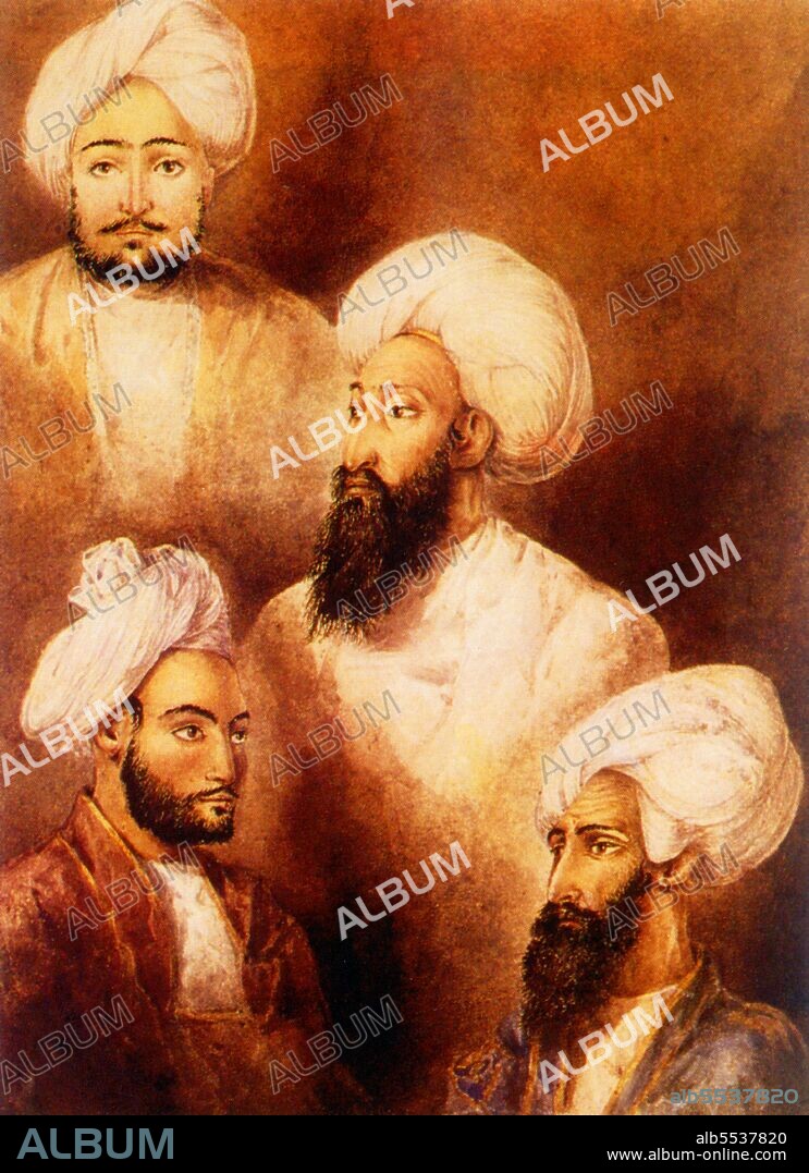 Top to bottom, left to right: Dost Mohammed, Haider Khan, Mohammed Akram Khan and Abdul Ghani Khan, all held captive by the British at Ludhiana, 1840s.
