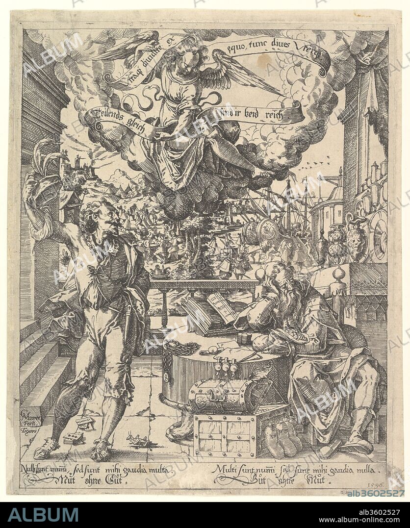 An Allegory of a Rich Man and a Poor Man (Der Lustige Arme und der Traurige Reiche). Artist: Christoph Murer (Swiss, Zurich 1558-1614 Winterthur). Dimensions: sheet: 10 3/16 x 8 3/8 in. (25.8 x 21.2 cm)
plate: 9 15/16 x 8 in. (25.2 x 20.3 cm)
image: 9 5/8 x 7 11/16 in. (24.5 x 19.6 cm). Date: 1596.