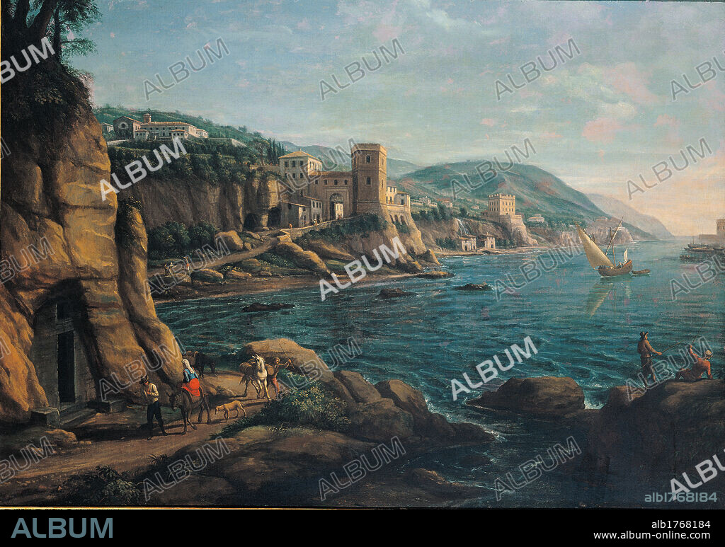 View of the Neapolitan Coast, by Gaspar Van Wittel known as Gaspare Vanvitelli, 1725, 18th Century, oil on canvas, cm 109 x 156. Italy, Lombardy, Milan, Banca Popolare Commercio e Industria Art Collections. All sea coast coastline Naples rocks cliffs crags rocks boats.
