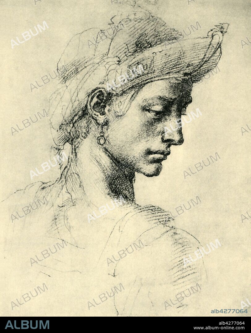 MIGUEL ANGEL. 'Ideal Head', 1520-1525, (1943). Head of a woman or androgynous youth. Drawing in the Ashmolean Museum, Oxford. From "Europäische Handzeichnungen", (Five Hundred Years of European Drawings), by Bernhard Degenhart. [Atlantis-Verlag Berlin, Zürich, 1943].