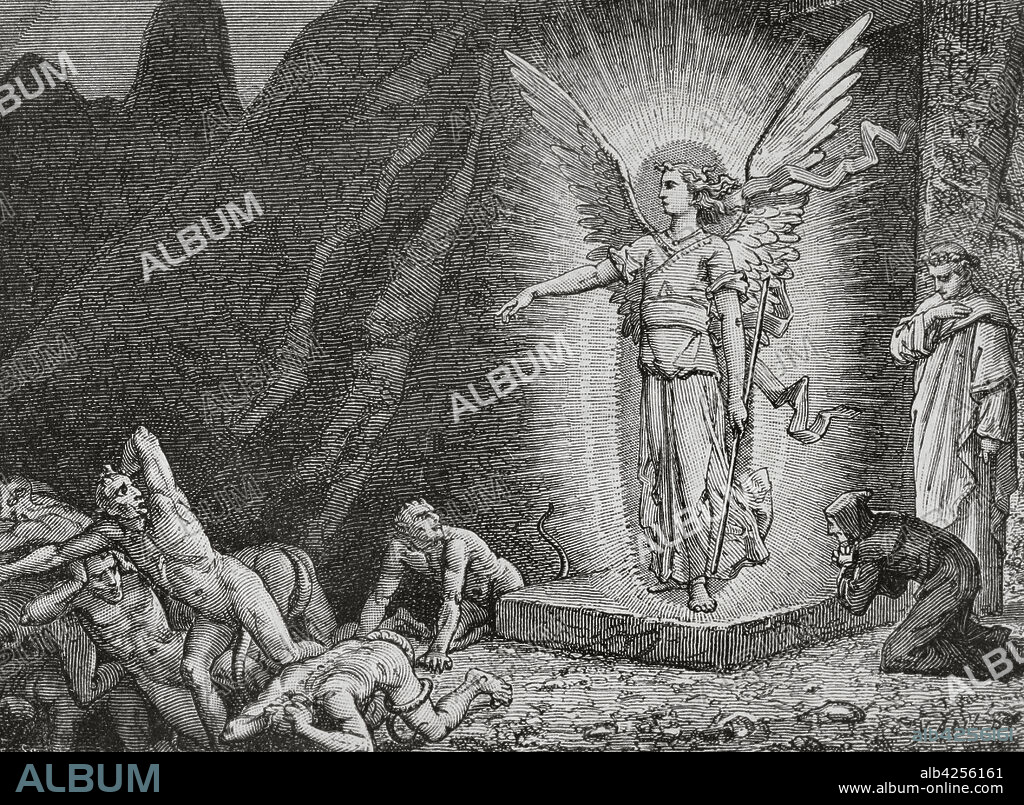 JEAN-EDOUARD DARGENT. KNOWN AS YANN DARGENT (1824-1899). FRENCH ARTIST.. La Divina Comedia (1307-1321). Poema épico escrito por el poeta italiano Dante Alighieri (1265-1321). El Infierno. "¡Oh demonios arrojados del cielo!..." Ilustración por Yann Dargent (1824-1899). Grabado. Publicada en París, 1888.