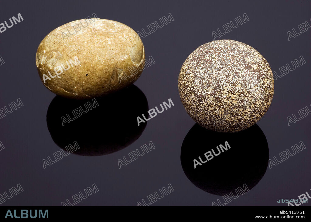 Bezoar stones are found in the stomachs and intestines of animals and humans. They are made from things that cannot be digested in the body, such as hair, and fibres from fruit and vegetables. This forms a hard, solid stone. The stones were placed in drinks to counteract poisons from would-be assassins. (It was believed that bezoar stones could counteract any poison.) The stone on the right is 45 mm in diameter. It is shown here with a bezoar stone from a camel. Supplied by Science Museum, London, courtesy of Wellcome Images.