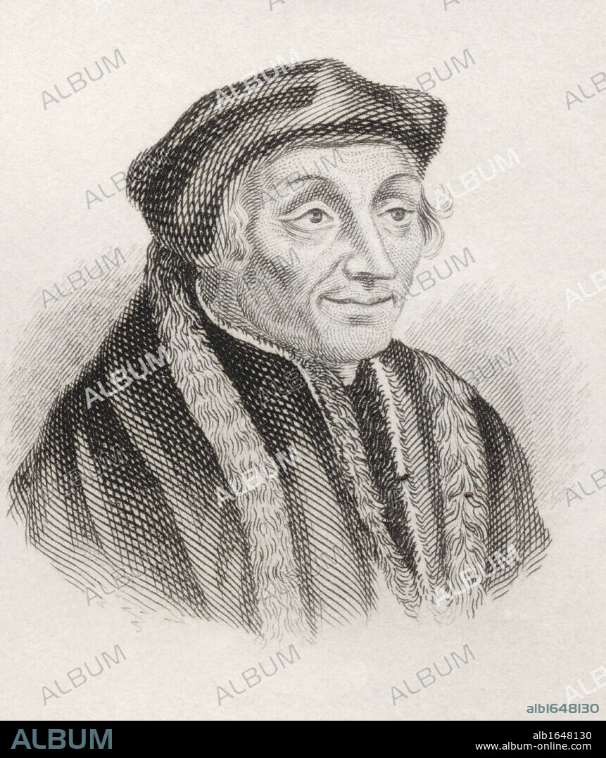 Desiderius Erasmus Roterodamus, aka Desiderius Erasmus of Rotterdam, born between 1466 and 1469 died 1536. Dutch Renaissance humanist and Catholic Christian theologian. From the book Crabbes Historical Dictionary published 1825.