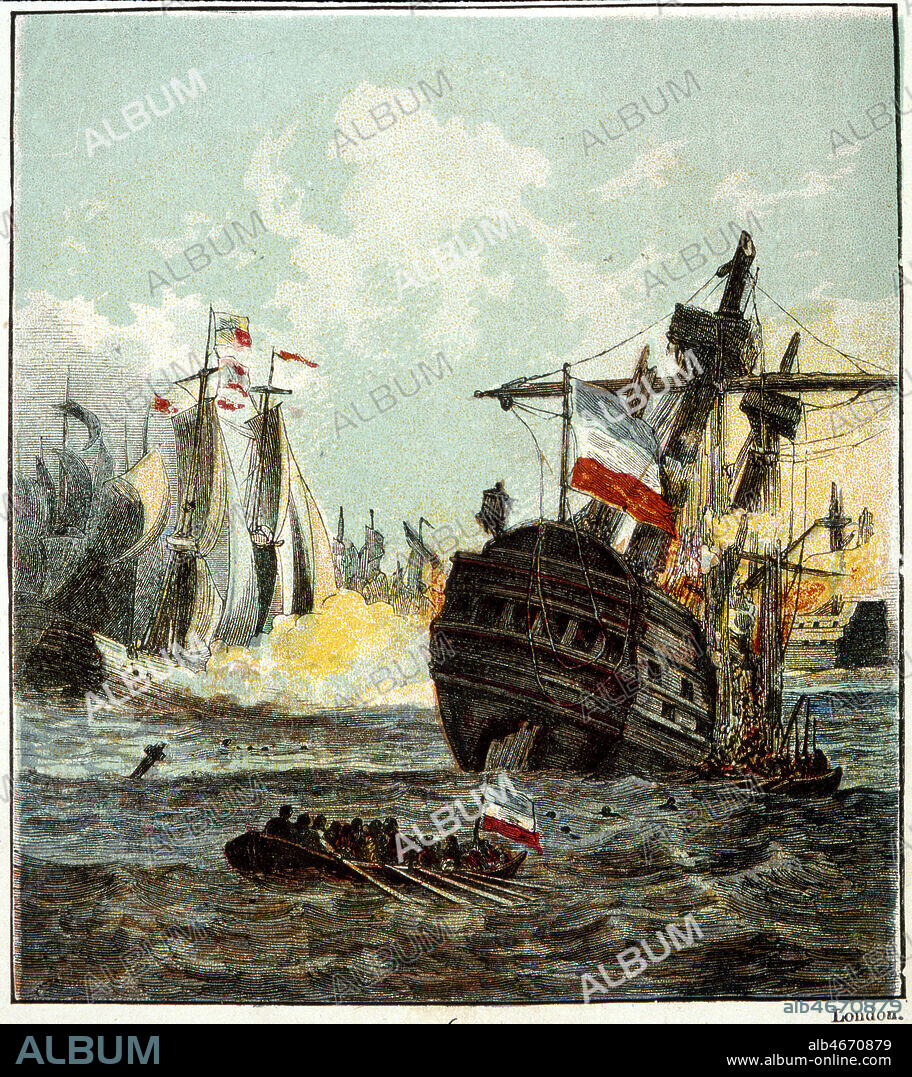 Representation d'une bataille navale durant la guerre entre l'Angleterre et la Hollande. Imagerie anglaise du milieu du 19eme s. Credit : Collection KHARBINE-TAPABOR.