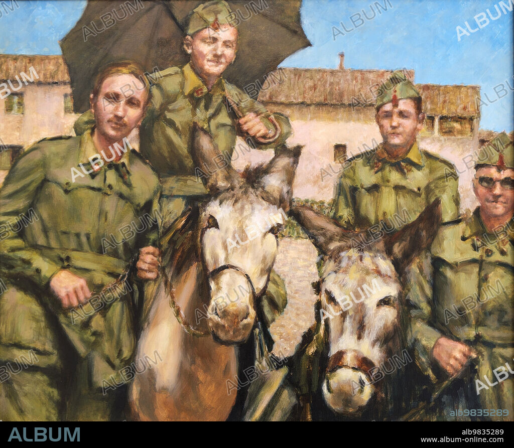 jinetes y montura, oil on canvas, Juan Carrio Martinez, soldiers of the Spanish Franco era, Monastery Church of Santa Margarita, Palma, Majorca, Balearic Islands, Spain.