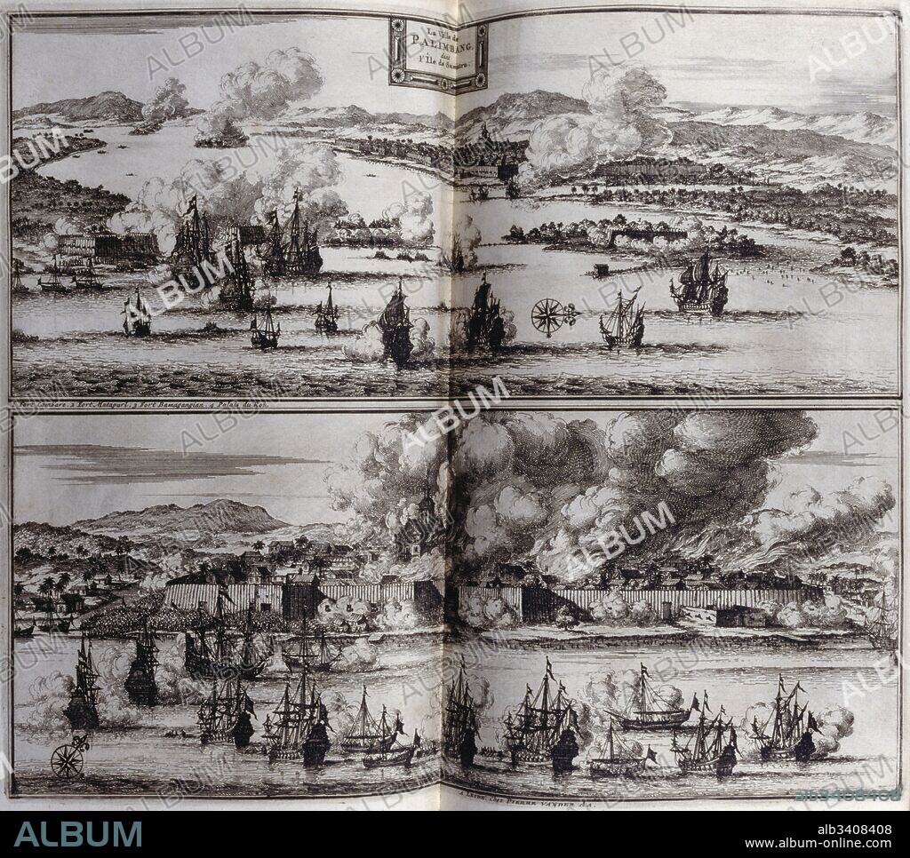 View of the Dutch East Indies Town of Palambang   1727      From voyages made to Persia and India 1727, by Johan Albrecht de Mandelslo (1616–1644). seventeenth-century German adventurer, who wrote about his travels through Persia and India. .