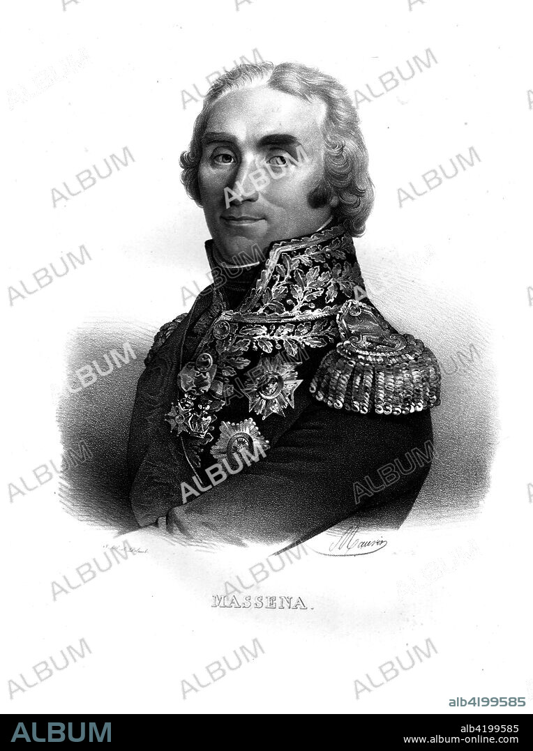 'Massena', Andre Massena, (c1820). Regarded as one of Napoleon's greatest generals, French soldier Massena (1758-1817) first distinguished himself in the revolutionary wars. He commanded French forces in Italy after the Battle of Marengo in 1800. Made a Marshal in 1804, Massena was then dismissed for looting. He was recalled to service in 1809 to fight against the Fifth Coalition, and in 1810 commanded the invasion of Portugal in the Peninsular War. Massena supported the Bourbons on their restoration and refused to join Napoleon when he returned from exile on Elba in 1814.