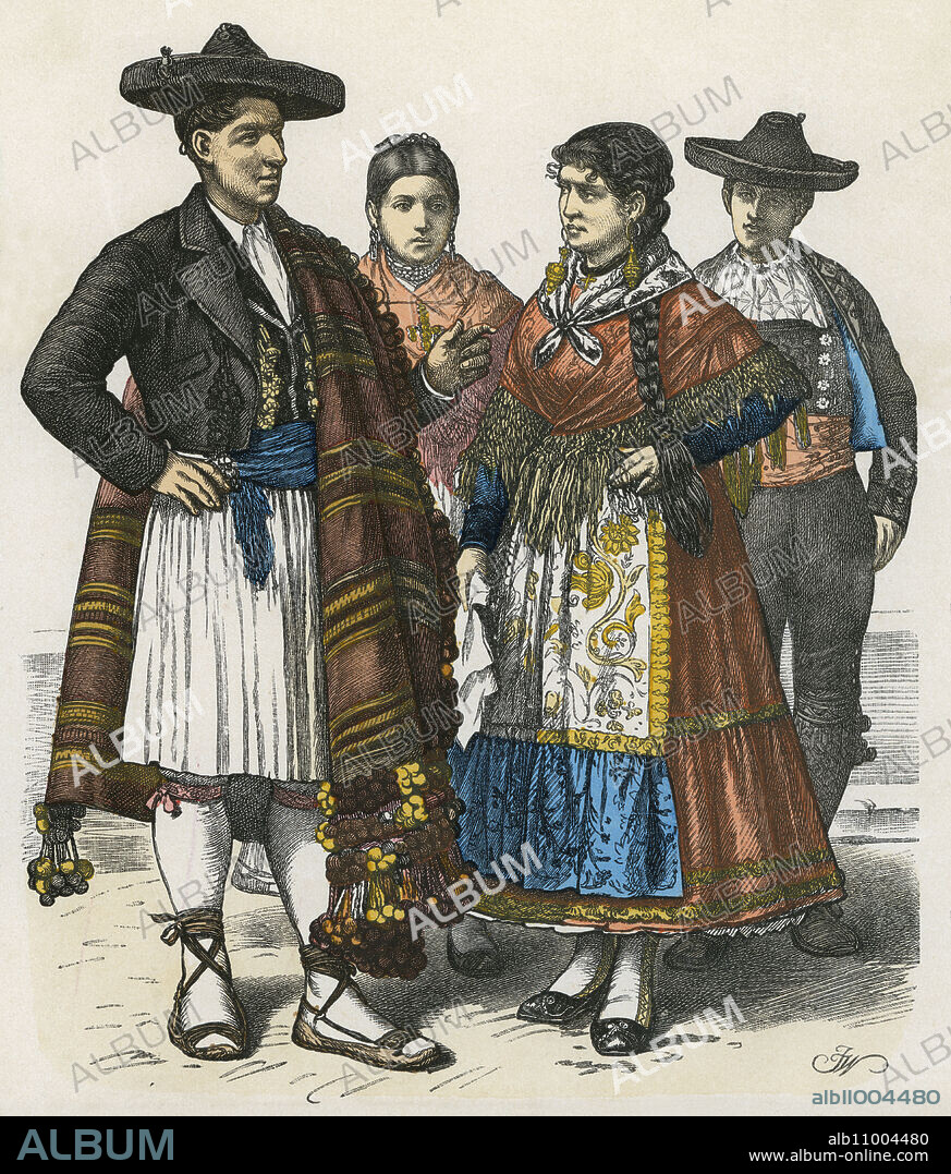 España. Tipos populares y vestidos regionales tradicionales. Alicante y Zamora. Grabado alemán de 1880.