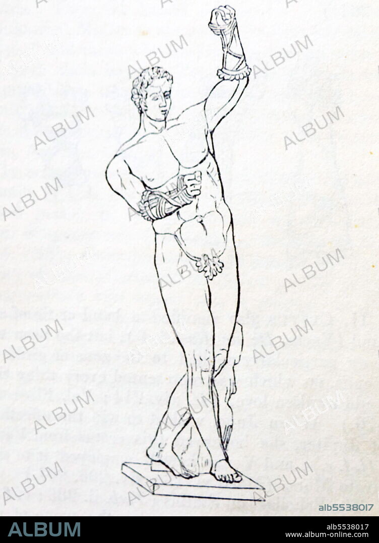 Illustration of a Greek boxer with Cestus on his hands. Cestus were thongs or bands of leather tied round the hands of Greek boxers in order to render their blows more powerful.