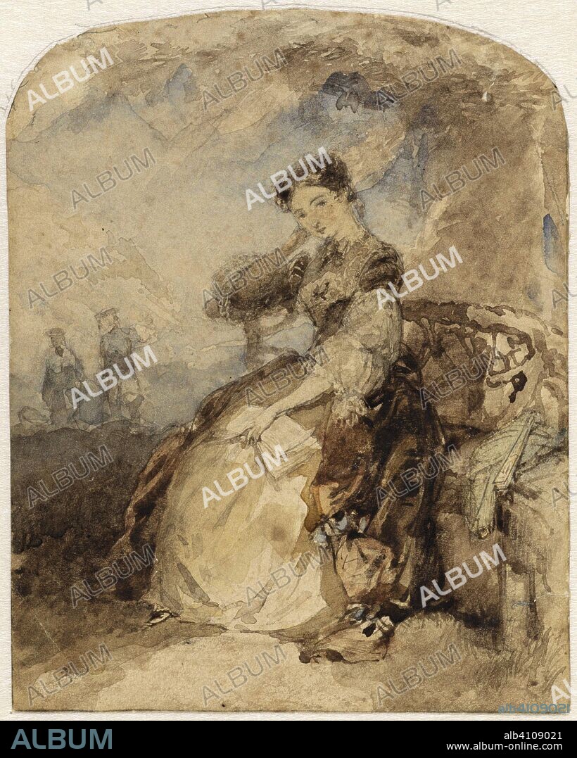 Lady sitting on a bench under a tree, with a book in hand. Draughtsman: Charles Rochussen. Dating: 1824 - 1894. Measurements: h 127 mm × w 101 mm.