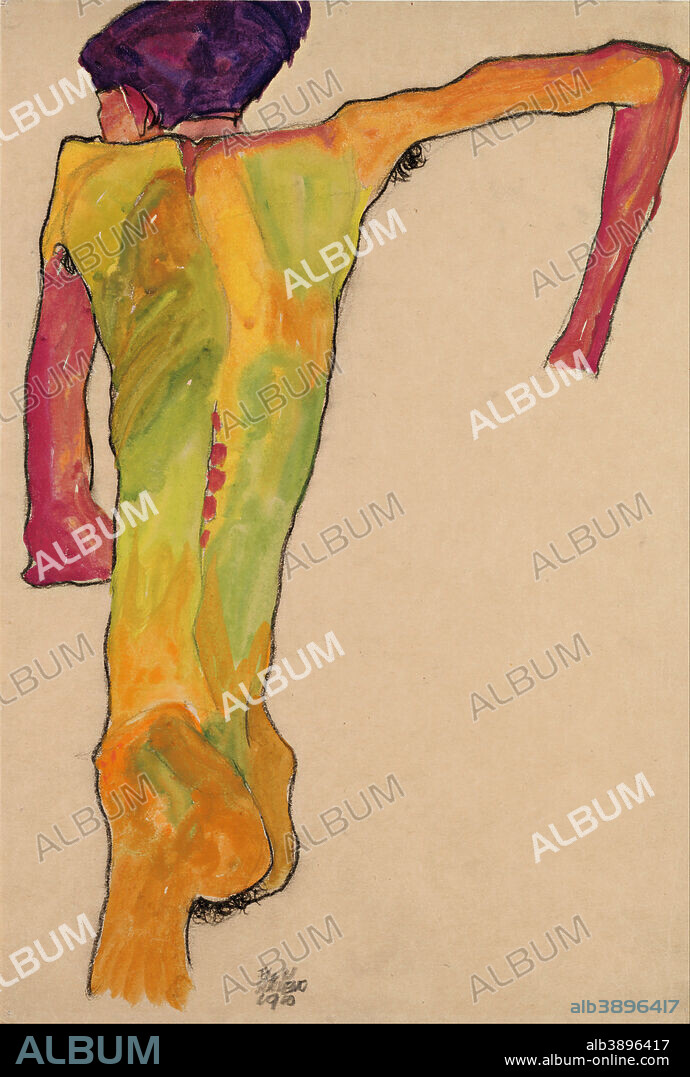 EGON SCHIELE. Sich aufstützender Rückenakt Male Nude, Propping Himself Up. Date/Period: 1910. Drawing. Height: 447 mm (17.59 in); Width: 302 mm (11.88 in).