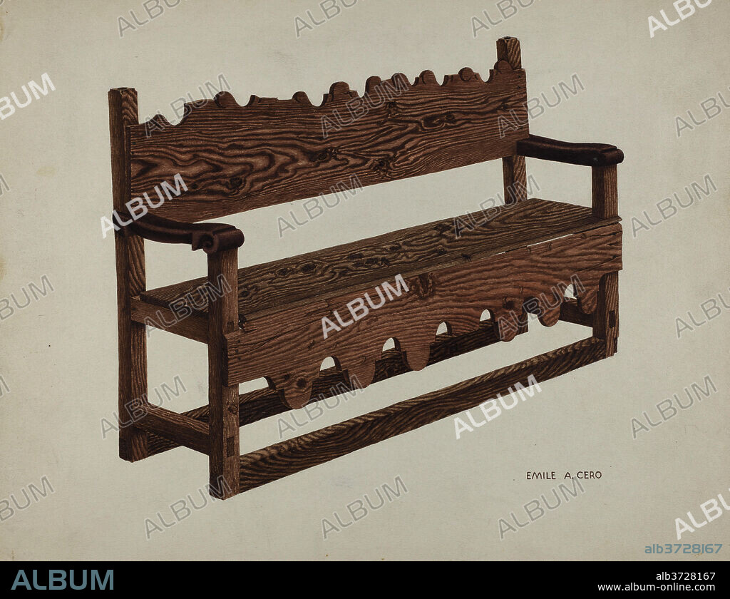 EMILE CERO. Mission Bench. Dated: c. 1939. Dimensions: overall: 27.9 x 35.7 cm (11 x 14 1/16 in.)  Original IAD Object: 81 1/4"long; 21 1/2"wide; back 43 1/2"high; front 29"high. Medium: watercolor, colored pencil, and graphite on paperboard.