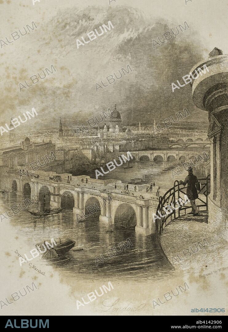 Reino Unido. Inglaterra. Londres. Panorámica de la ciudad. Grabado por William Henshall (1774-1843). Dibujo de Charles Marshall. "London and its Environs", h. 1840 (Londres y sus Alrededores). Biblioteca Histórico Militar de Barcelona, Cataluña, España.