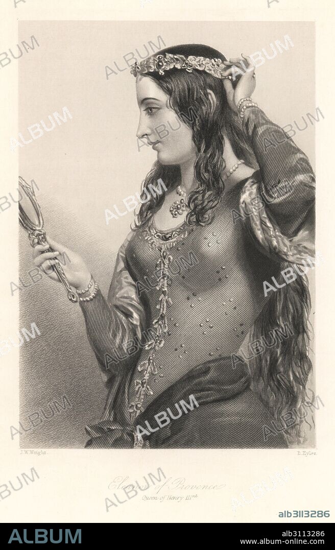 Eleanor of Provence, Queen of Henry III, adjusting her tiara while looking in a mirror. Steel engraving by B. Eyles after a portrait by J.W. Wright from Mary Howitt's Biographical Sketches of The Queens of England, Virtue, London, 1868.