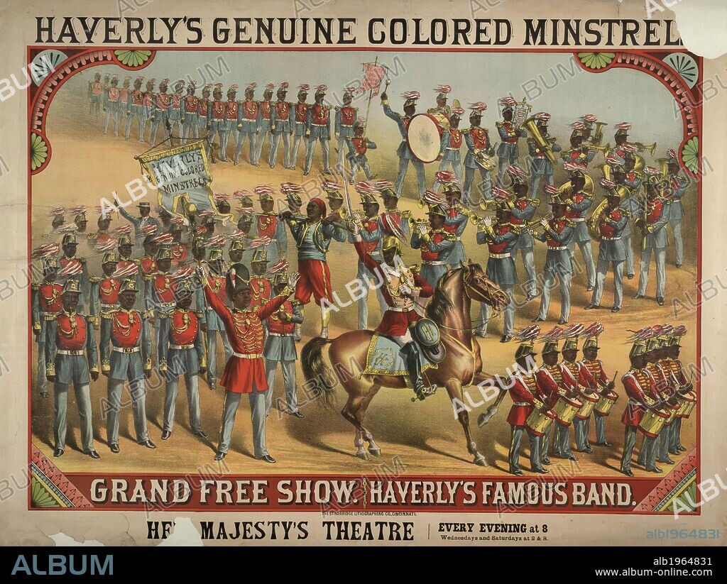 "Haverly's Genuine Coloured Minstrels" Her Majesty's Theatre, Westminster, c. 1878. The Big Black Boom. Entertainment by black musicians. Minstrels. A collection of pamphlets, handbills, and miscellaneous printed matter. Originally published/produced in London, 1800 - 1895. Image taken from A collection of pamphlets, handbills, and miscellaneous printed matter relating to Victorian entertainment and everyday life. Originally published/produced in London, 1800 - 1895. Source: Evan.282. Language: English.