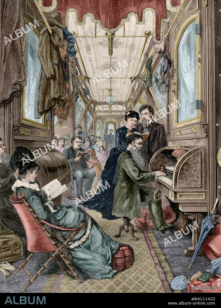 Estados Unidos. Costumbres. Observancia del domingo en un tren del Ferrocarril de Pacífico. El tren se componía de vagones sistema Pullman. Grabado. Coloreado. La Ilustración Española y Americana, 30 de abril de 1876.