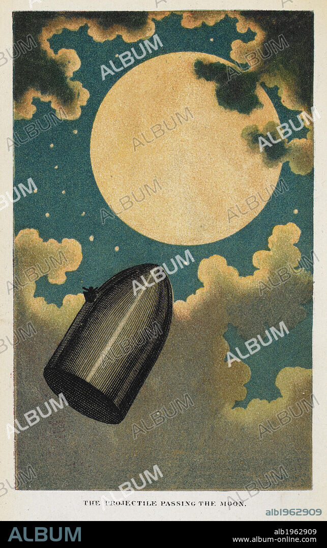 The projectile passing the Moon'. A spaceship, Science fiction. Colour illustration. Author Jules Verne,.
