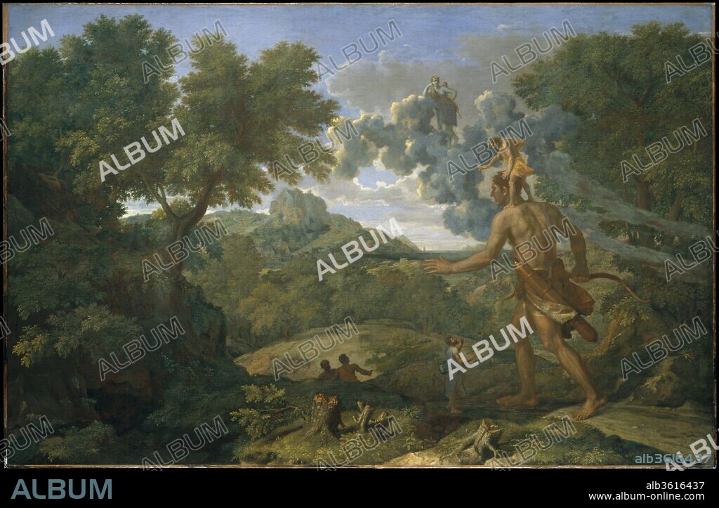 Blind Orion Searching for the Rising Sun. Artist: Nicolas Poussin (French, Les Andelys 1594-1665 Rome). Dimensions: 46 7/8 x 72 in. (119.1 x 182.9 cm). Date: 1658.
For his depiction of the gigantic hunter, painted for Michel Passart, Poussin drew on the Greek writer Lucian: "Orion who is blind, is carrying Cedalion, and the latter, riding on his back, is showing him the way to the sunlight. The rising sun is healing [his] blindness." Poussin also studied the sixteenth-century commentary on the tale by Natalis Comes that affords a meteorological interpretation. He therefore added Diana, standing upon the clouds that wreathe Orion's face, symbol of the power of the moon to gather the earth's vapors and turn them into rain.