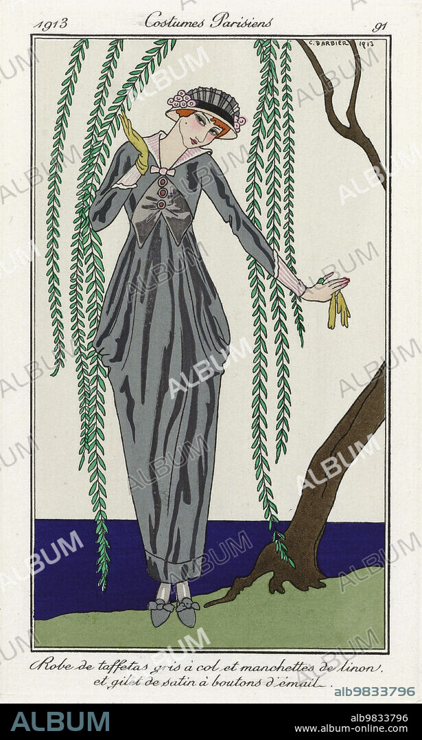 Grande robe du soir en tulle et satin. Echarpe de velours à glands de perles - Evening dress in tulle and satin. Velvet scarf with pearl tassels. Print from the high fashion magazine Journal des Dames et des Modes, published from June 1, 1912 to August 1, 1914. After a work by French illustrator George Barbier, 1882 - 1932.
