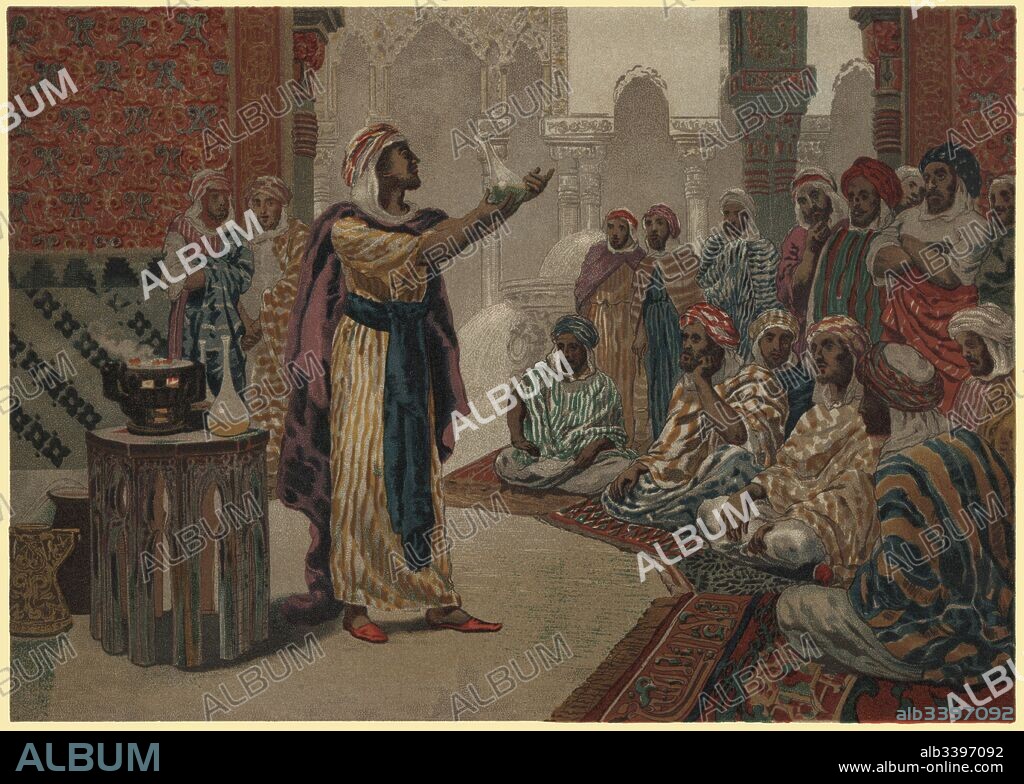 Abu-Musa-Yabir al Sufi (721-815), alquimista árabe del siglo VIII. Cromolitografía de 1873.