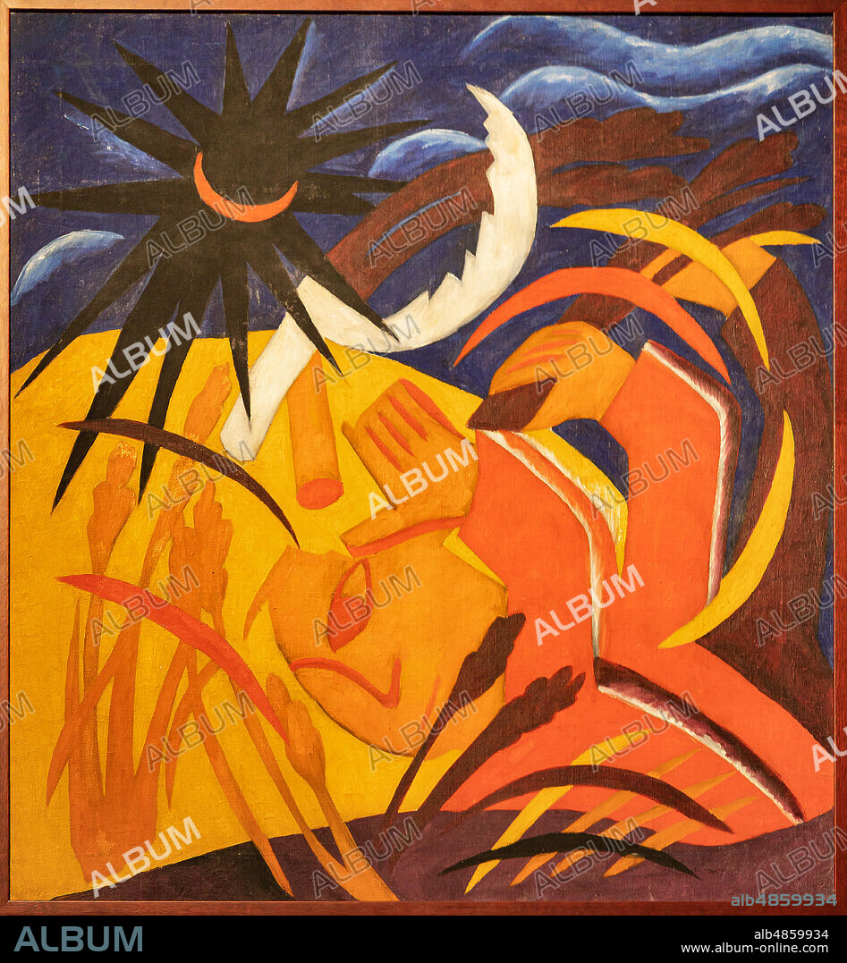Natalia Goncharova: "Harvest", 1912, oil painting on canvas. One of the seven paintings of the polyptych "Harvest".