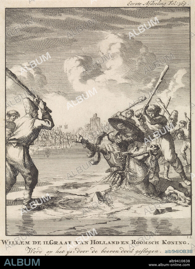 Print in the upper right marked:First Section Fol: 369., Count William II falls through the ice near Hoogwoud, 1256 William the II Count of Holland and Roman King, is beaten to death on the ice by the peasants , print maker: Jan Luyken, (mentioned on object), publisher: Jan Claesz ten Hoorn, Amsterdam, 1698, paper, etching, h 189 mm × w 145 mm.