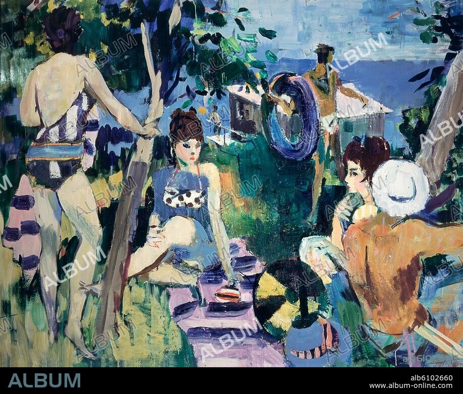 Aigner, Eduard; 1903-1978. "Ländlicher Badeplatz", 1965. Öl auf Leinwand, 111 x 140 cm.