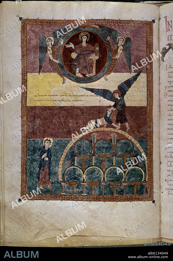 BEATO DE LIÉBANA. BEATO DE SAN SALVADOR DE TABARA, 975- COMENTARIOS AL APOCALIPSIS, EL ANGEL RECHAZA LA ADORACION DE JUAN ILUSTRADO POR LA MONJA ENDE Y MONJE EMETERIO.