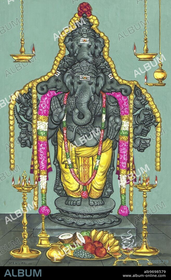 HAP-136826 : Ganeshas - Hindu belief - Hindu - Hinduism - art - Artist Manivelu - Himalayan Academy art - Ganesh - Pancha ganapati - lamp - shrine - garland - clothes - murti - incense - fruits - prasadam - festival - Ganesha - God - Lord of Obstacles - India - Indian art - Hindu art - religion - Hindu religion.