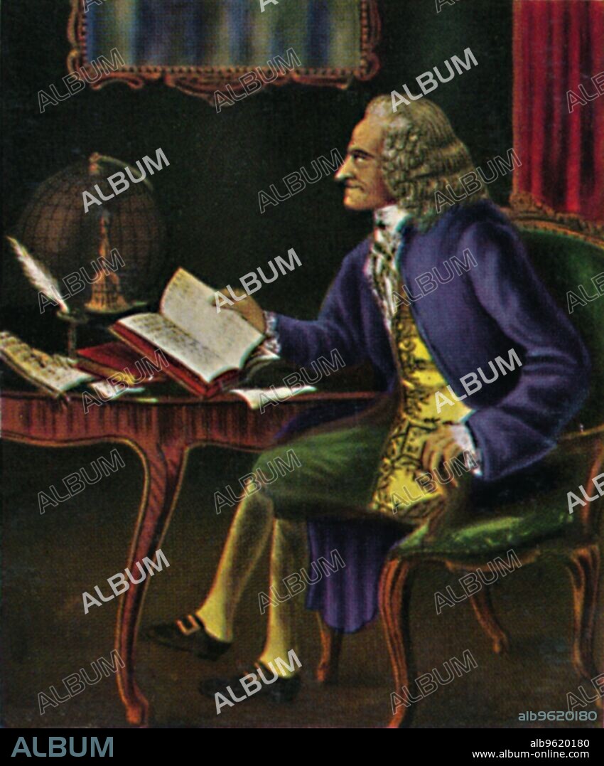 'Voltaire 1694-1778', 1934. Francois Marie Arouet Voltaire (1694-1778), French author, playwright, satirist and man of letters. Voltaire was a central figure in the French Enlightenment. From "Die Großen der Weltgeschichte". [Eckstein-Halpaus, Dresden, 1934].