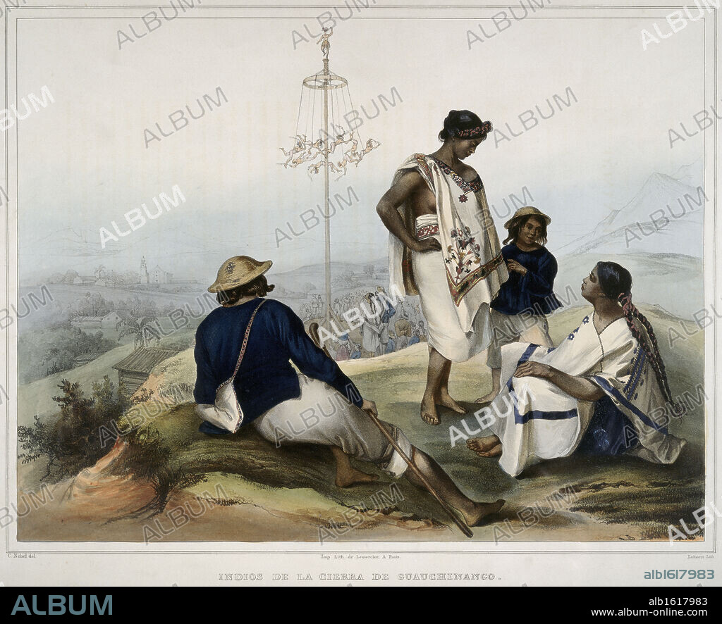Indians of the Guauchinango Mountains  Indios de la Cierra de Guauchinango  1836  Carlos Nebel (1805-1855 German)  Color Lithograph  Newberry Library, Chicago, Illinois, USA.