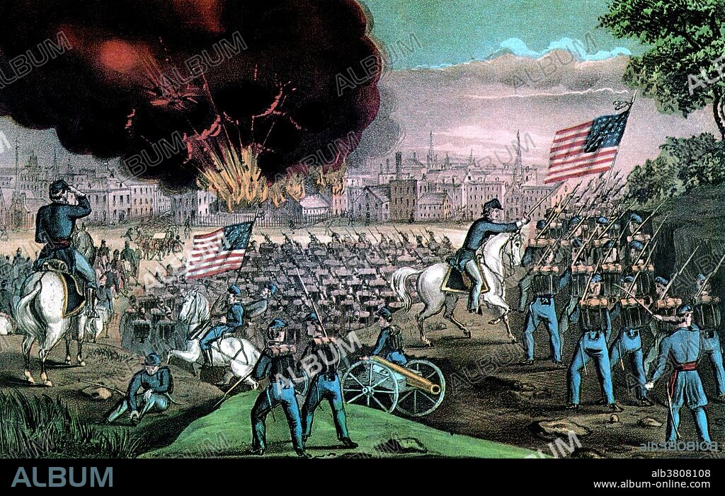 Lithograph entitled and captioned: "The capture of Atlanta, Georgia, September 2nd, 1864 by the Union Army, under Major General William T. Sherman. On the 30th August, the Union Army, by the masterly strategy of General Sherman, made a rapid flank movement, cutting the Rail Road south of the City, attacking the Rebels at Jonesboro, and capturing their guns and defenses there. General John Bell Hood, the Rebel Commander, finding himself completely outgeneraled, set fire to his stores, blew up his magazines and 'skedaddled'. General Sherman with the 20th Corps occupied the place and thus in the thrilling words of Sherman 'Atlanta is our and fairly won'." The Atlanta Campaign was a series of battles fought in the Western Theater of the American Civil War throughout northwest Georgia and the area around Atlanta during the summer of 1864.