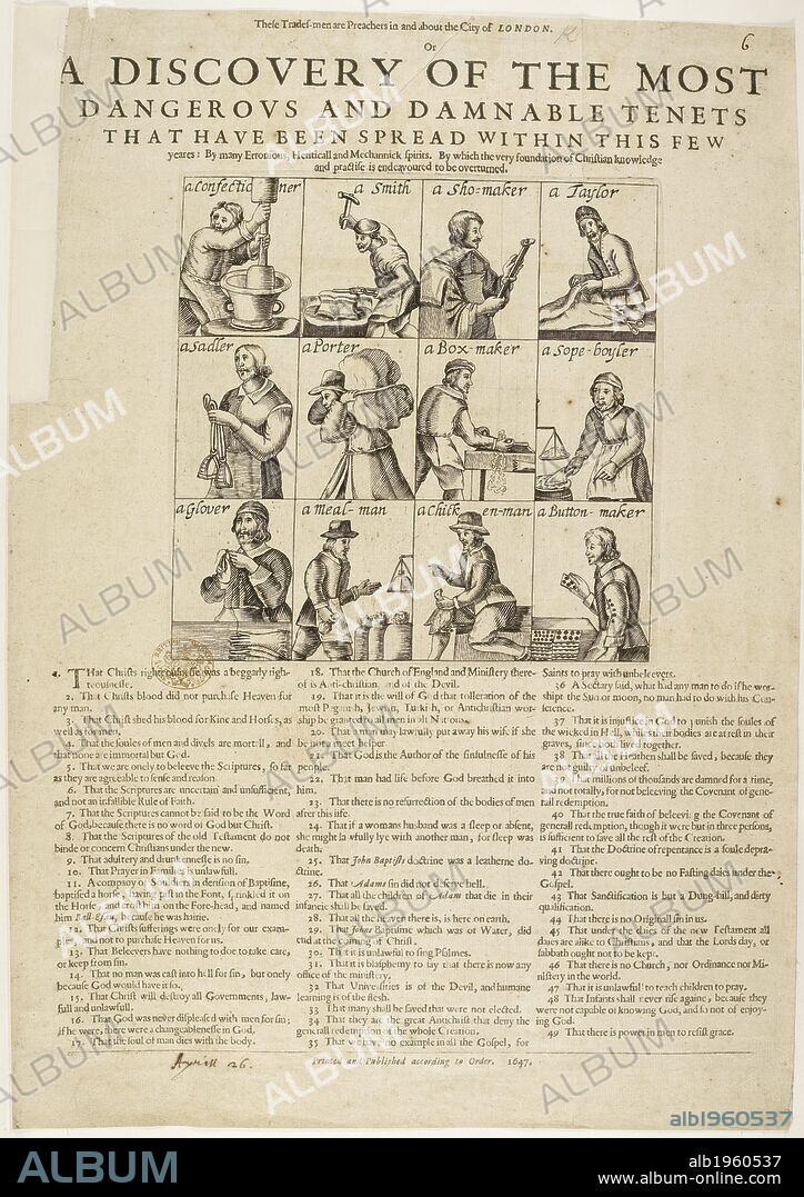 Twelve tradesmen, Illustrations of people of a particular occupation deemed dangerous, heretical and malevolent. Tailor, shoemaker,sadler and others. These Trades-men are Preachers in and about the City of London. London, 1647. These Trades-men are Preachers in and about the City of London; or, a discovery of the most dangerous and damnable tenets that have been spread ... by many erronicus, hereticall and mechannick spirits, by which the very foundation of Christian knowledge and practise is endeavoured to be overturned. Source: 669.f.11.(6). Language: English.