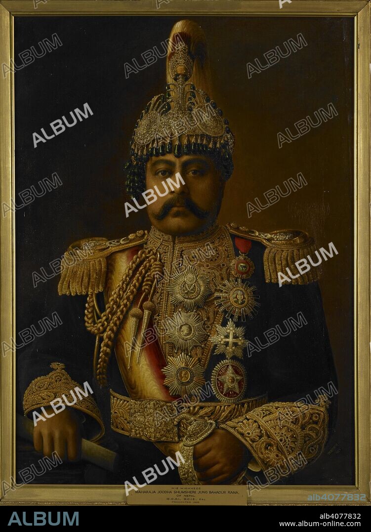 ANON. Maharaja Juddha Shamsher Jang Bahadur Rana, Prime Minister and Supreme Commander-in-Chief of Nepal (?-1952, ruled 1932-45). A half-length portrait with brown background. The Maharaja, shown full-face, is wearing a jewelled crown with a bird of paradise plume and a black coat, with gold epaulettes, elaborately embroidered with jewels. He wears seven orders including the Grand Croix de la Legion dâ€™Honneur, the order of the Star of Nepal, the Star of India and the Order of the Indian Empire. He holds the jewelled hilt of his sword with his left hand and a scroll of paper in his right. 1934. Oil painting. 36 by 26 ins (91.5 by 66 cms). Source: Foster 611.