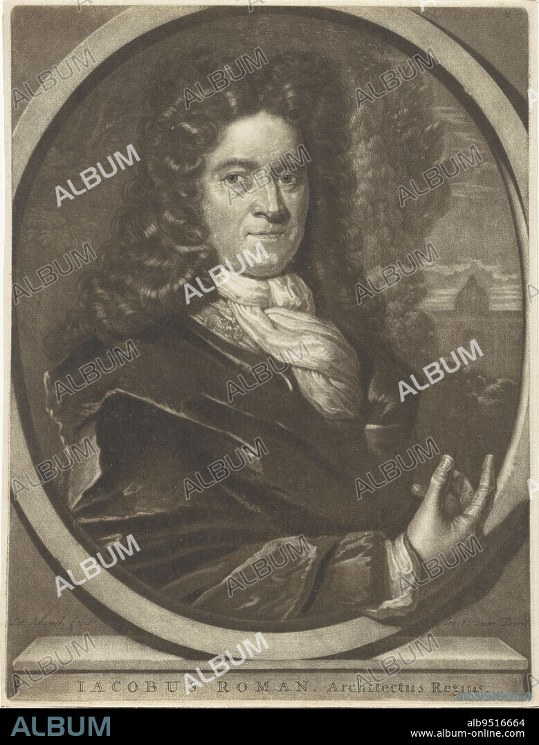The sculptor and architect Jacob Pietersz. Roman. In the background a garden and a building., Portrait of Jacob Pietersz. Roman, print maker: Pieter Schenk (I), (mentioned on object), publisher: Pieter Schenk (I), (mentioned on object), anonymous, (mentioned on object), Amsterdam, 1670 - 1713, paper, engraving, h 256 mm × w 191 mm.