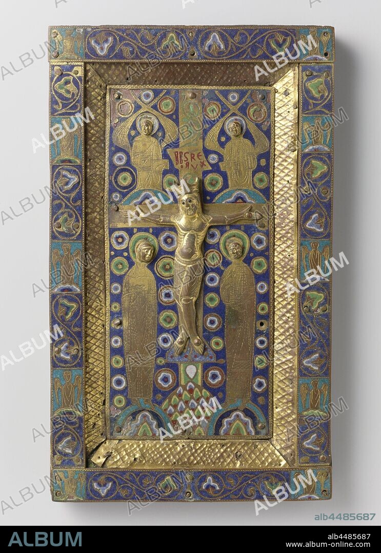 Front cover of an Evangeliary with the Crucifixion, Front cover of a gospel book with the crucified Christ between Mary and John, Front cover of a gospel book of gilded copper and enamel champlevé. In the midfield, against a blue ground, the crucified Christ in relief between Mary and John with only the heads in relief. Above, on either side of the cross, the half figures of Michael and Gabriel. Tendrils in the margin, interspersed with the half figures of angels, crucified Christ with Mary and John on either side of the cross, Holy Red, the Archangel Michael (often in armor with sword or lance), the Archangel Gabriel, anonymous, Limoges, c. 1200 - c. 1225, copper (metal), gilding, h 31.8 cm × w 19.0 cm × t 2.5 cm.