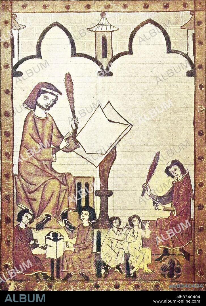 teacher und child in the middle ages from the Codex Manesse, Manesse Codex, or Groüe Heidelberger Liederhandschrift / Lehrer und Schºler im Mittelalter nach einer Miniatur aus der Manessischen Handschrift, 1250, historisch, C:CC5historical, digital improved reproduction of an original from the 19th century / digitale Reproduktion einer Originalvorlage aus dem 19. Jahrhundert, Originaldatum nicht bekannt.