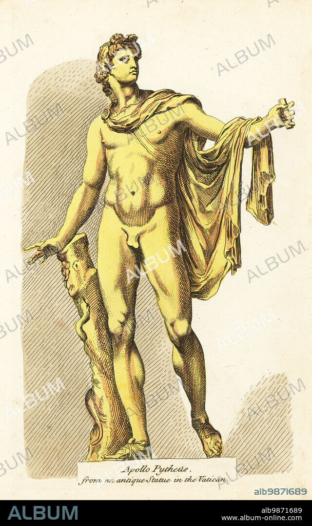 Statue of the Greek/Roman god Apollo with python. Pictured with cape, leaning on a trunk with a serpent curled around it. Apollo Pytheus, from an antique statue in the Vatican. Handcoloured copperplate engraving after a Francois Perrier from Robert Sayers The Artists Vade Mecum, Being the Whole Art of Drawing, London, 1766.