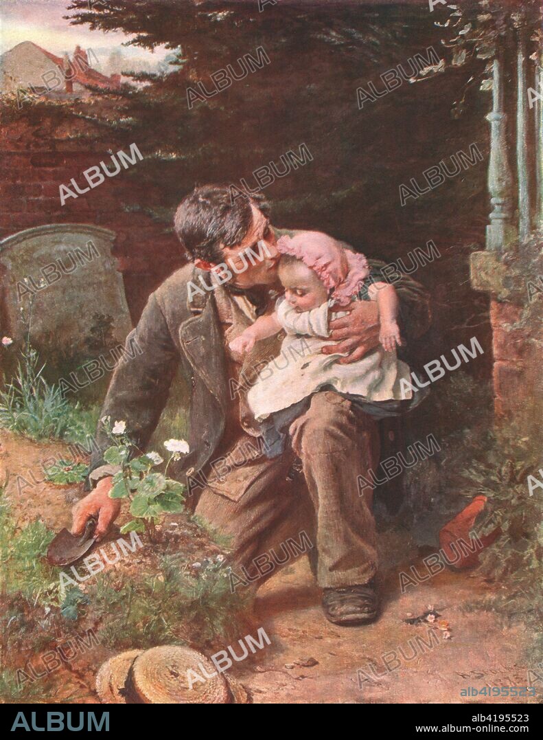 'Motherless', c1883, (c1902). After a painting in the Walker Art Gallery, Liverpool. Victorian graveyard scene: a recently widowed father tends his dead wife's grave while tenderly holding their child on his knee. Unusually for the time, this work depicts a working-class man as a nurturing parent. From The Nation's Pictures. A selection from the finest modern paintings in the public picture galleries of Great Britain, reproduced in colour. [Cassell and Company Ltd, London, c1902].