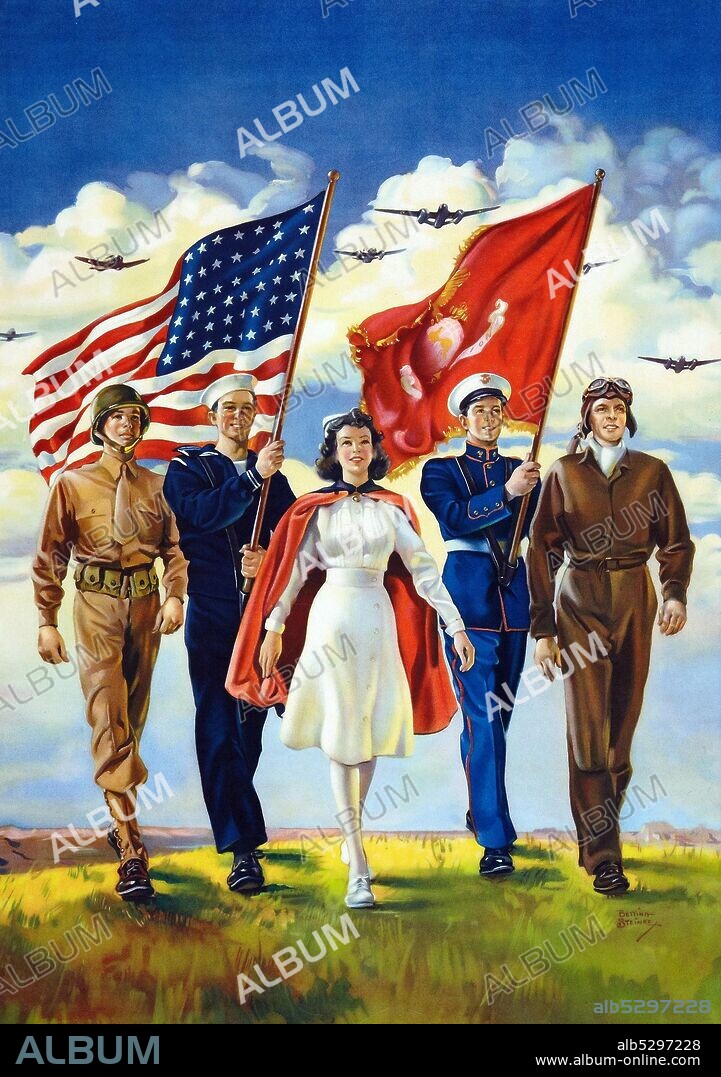 World War II Propaganda Poster (U.S. Government Printing Office, 1942).  Entitled, "Freedom Forever." Fantastic patriotic artwork by Bettina Steinke. .