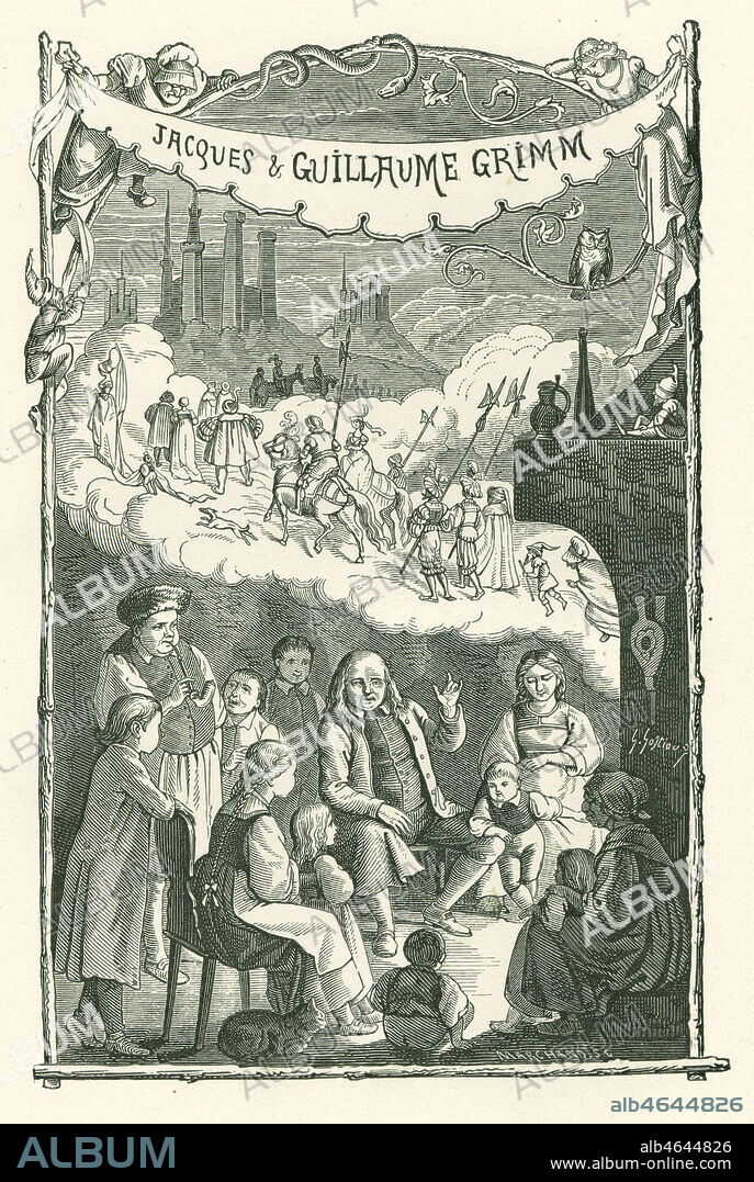 Les frères GRIMM racontant leurs histoires. Illustration de 1869 par Gabriel GOSTIAUX (1838-1910) pour le frontispice de l'ouvrage Contes allemands du temps passé. Credit Collection Kharbine-Tapabor.