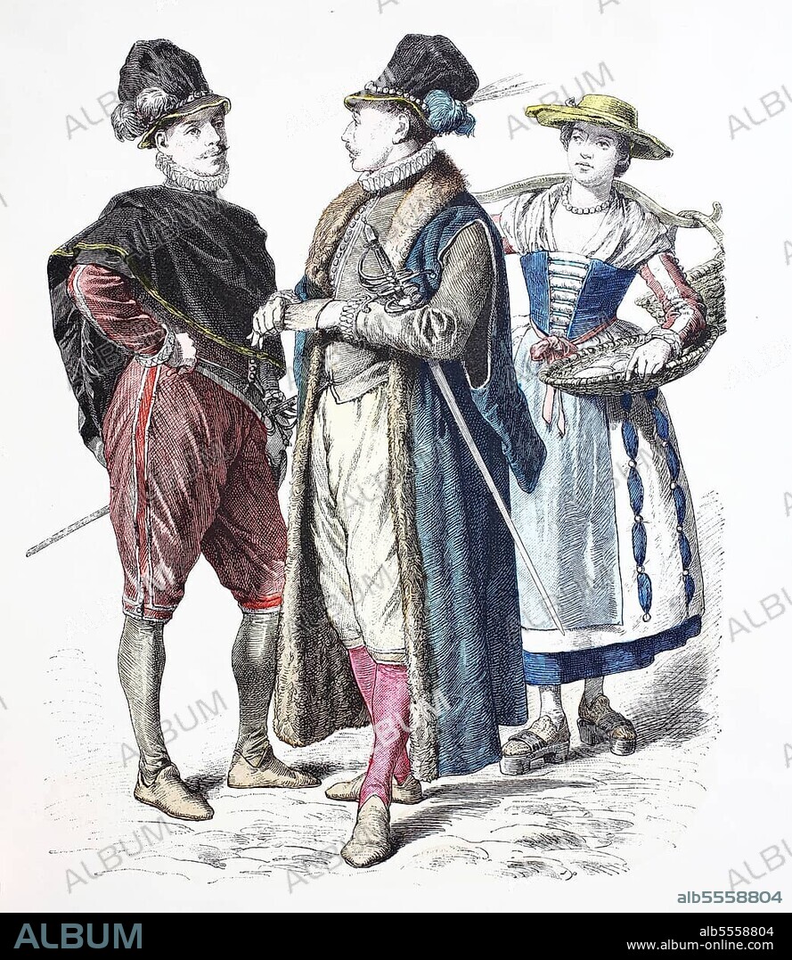 Folk traditional costume, clothing, history of costumes, persons from Venice, Milan and Florent, Italy, 1570-1600, digitally restored reproduction of a 19th century original, exact date unknown, Europe.
