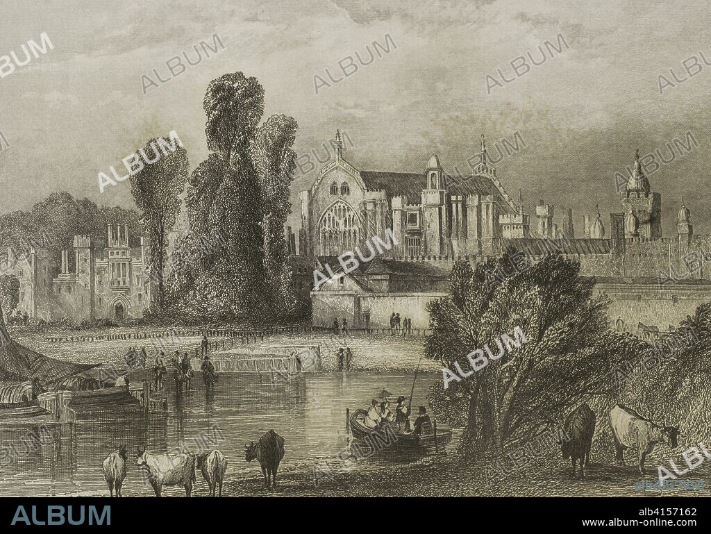 Reino Unido. Inglaterra. Hampton Court. Surrey. El Palacio de Hamton Court es un palacio real, en el municipio londinense de Richmond Upon Thames, Gran Londres, en el condado histórico de Middlesex, dentro de la ciudad de East Molessey, Surrey. En desuso por la familia real británica desde el siglo XVIII. Vista de Hampton Court desde la otra orilla del río Támesis. Grabado por Joseah Henshall (1801? -1869) a partir de un estudio original del pintor paisajista Charles Marshall (1806-1890). "London and its Environs, H. 1840" (Londres y sus Alrededores). Biblioteca Histórico Militar de Barcelona, Cataluña, España.