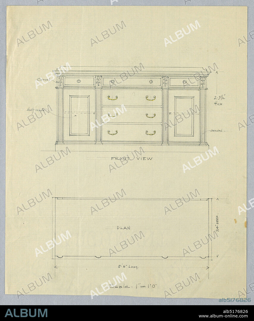 Elevation and Plan for Sideboard with Reeded Pilasters, A.N. Davenport Co., Graphite and yellow pencil on thin cream paper, Elevation: front of sideboard with tri-partite front divided by four reeded pilasters; central front has four horizontal drawers with 'C'-shaped handles indicated in yellow pencil; side sections each have a closed cupboard topped with single drawer; low backsplash., 190005, furniture, Drawing, Drawing.